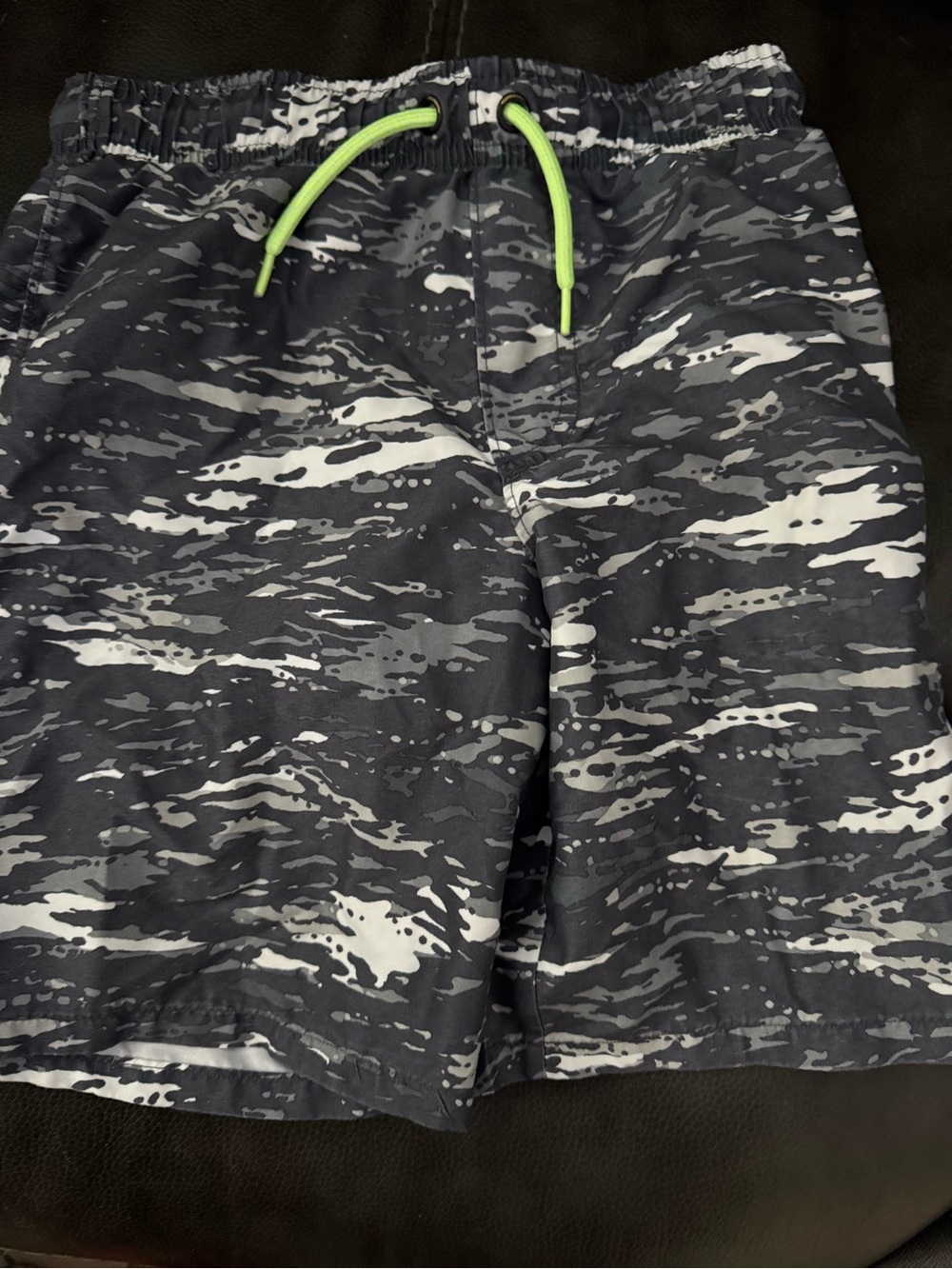 Boys Swim Trunks - Gray Camouflage with Lime Drawstring size Med 8 GUC